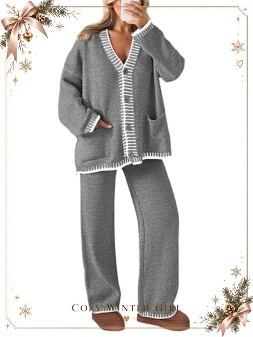 Knit Sweater Lounge Set 2 Piece Cardigan Wide Leg Pants